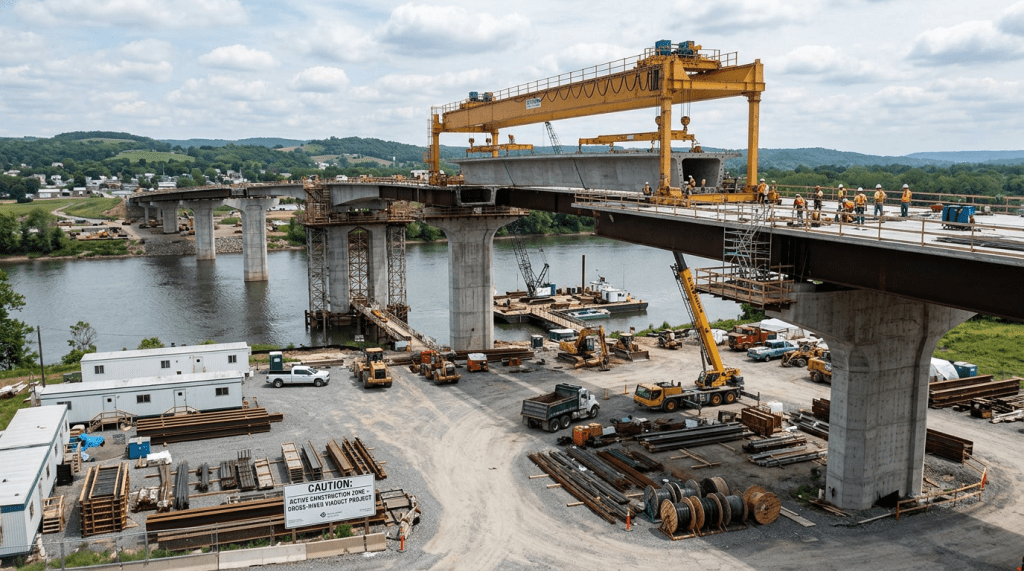 Bridge under construction with crane lifting a concrete beam and workers on site